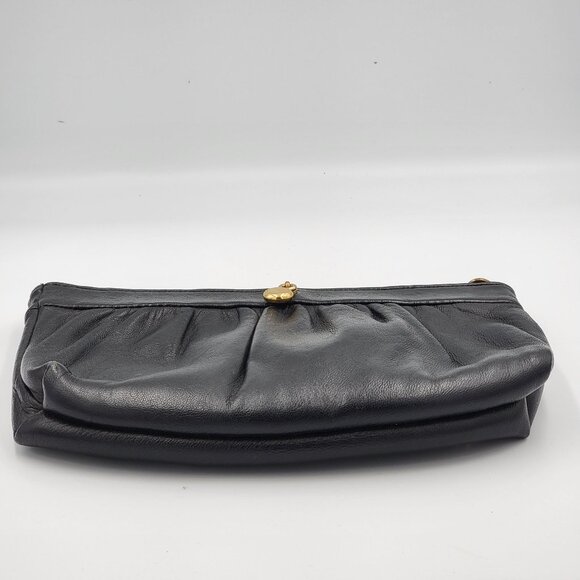 Vintage Black Leather Clutch Purse With Gold Chain Strap & Snap Closure By Ande - Picture 8 of 16